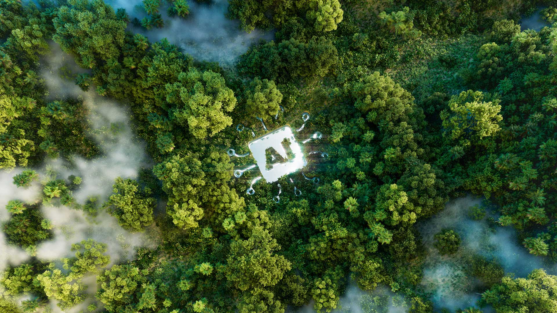 Aereal view of an AI symbol in the middle of a forest