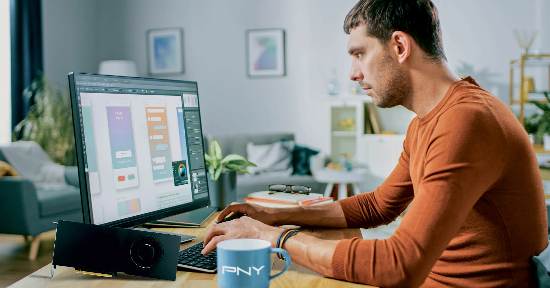 Man working on computer at home
