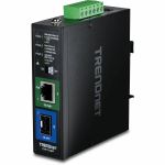 TRENDnet Industrial SFP to Gigabit PoE+ Media Converter  TI-PF11SFP  1 x Gigabit SFP Port  1 x Gigabit PoE+ RJ45 Port  6kV RJ45 Surge Protection  Up to 30W per Port  NDAA + TAA Complian
