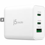 j5create 65W GaN USB-C 3-Port Charger - 65 W - 120 V AC  230 V AC Input - 5 V DC  9 V DC  12 V DC  15 V DC  20 V DC Output - 4.50 A - White - 1