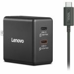 Lenovo Dual USB-C 65W GaN Charger - 65 W - 4.92 ft Cable - 120 V AC  230 V AC Input - Black - 1 Box