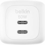 Belkin WCH019dqWH 50W Portable 2-Port USB-C Wall Charger - 2xUSB-C - Foldable Prongs - Power Adapter - White