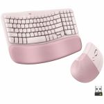 Logitech Wave Keys & Lift Vertical Mouse - Ergonomic Wireless Keyboard and Mouse Combo - with Cushioned Palm Rest (Rose) - USB Plunger Wireless Bluetooth/RF 2.40 GHz Keyboard - Rose - U