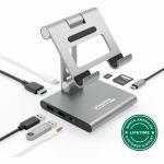 Plugable 8-in-1 USB C Docking Station for iPad with Stand  100W Pass-through Charging USB-C Hub - 1x HDMI  2x USB  Audio  and SD  Compatible with Windows  iPadOS  USB-C Phones  and Tabl