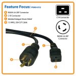 Tripp Lite P040-012 12FT Heavy-Duty Power Cord for PDU and UPS 12AWG (IEC-320-C19 to NEMA L6-20P)