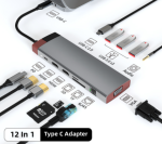 Type C Multiport 12 in 1 Adapter Space GreyHDMI x2 4K@30Hz USB-C PD 100W USB3.0 5Gbps x3