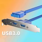 Dual USB 3.0 Female Back Panel to Motherboard 20pin Cable w/ PCI Bracket 1.6ft Blue