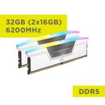 Corsair CMH32GX5M2B6200C36W 32GB 2x16GB VENGEANCERGB DDR5 Memory Kit 6200MHz Unbuffered 36-39-39-76 STD PMIC XMP 3.0 1.3V White