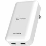 j5create JUP2465 65W GaN Slim PD USB-C 2-Port Charger - 65 W - 120 V AC  230 V AC Input - 5 V DC  9 V DC  12 V DC  15 V DC  20 V DC Output - 3.25 A - White - 1