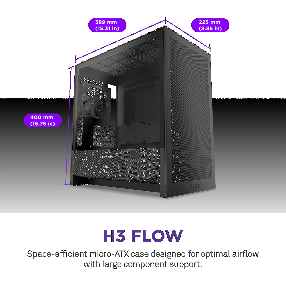 NZXT CC-H31FB-01 H3 Flow Micro-ATX High-Airflow PC Case - Black