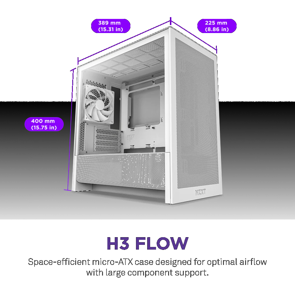NZXT CC-H31FW-01 H3 Flow Micro-ATX High-Airflow PC Case - White