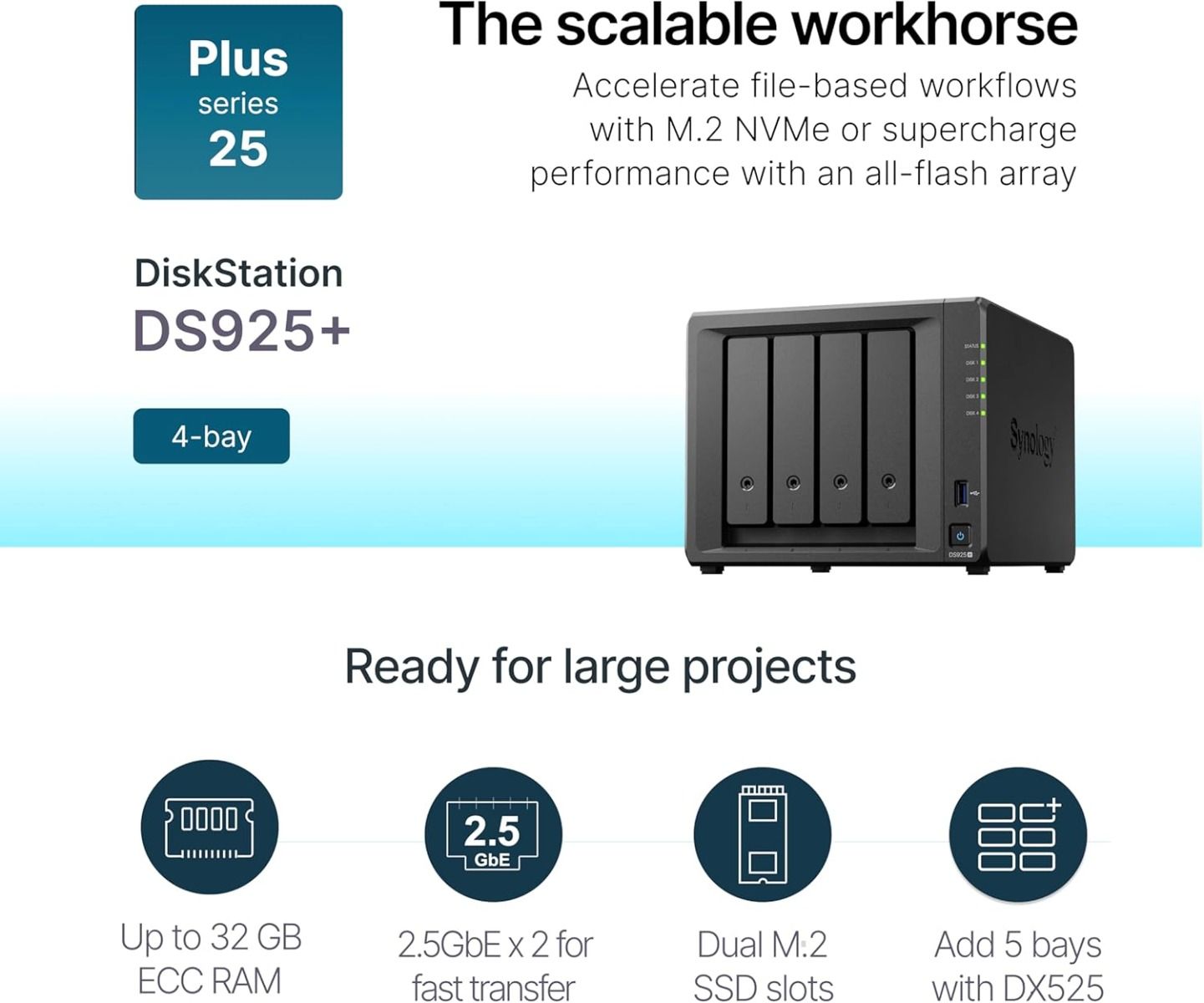 Synology DS925+ DiskStation 4-Bay NAS Enclosure (Diskless) 2.2 GHz