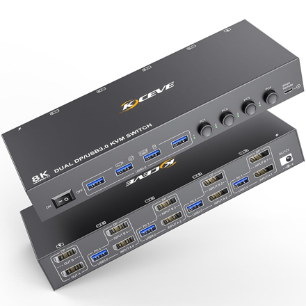8K Displayport Dual Monitor KVM Switch w/ 4 USB 3.0 Ports Support