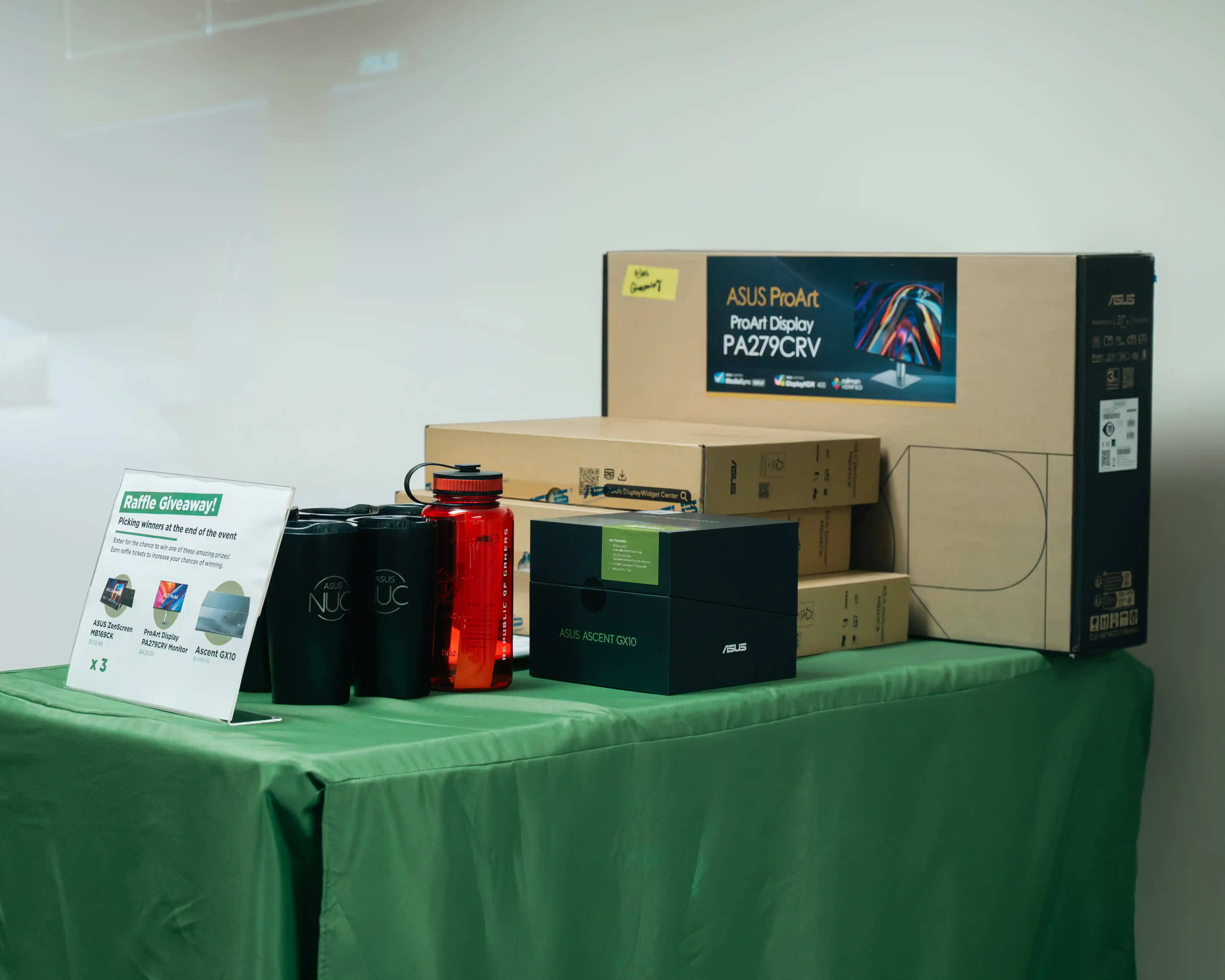 Giveaway prizes displayed on a table