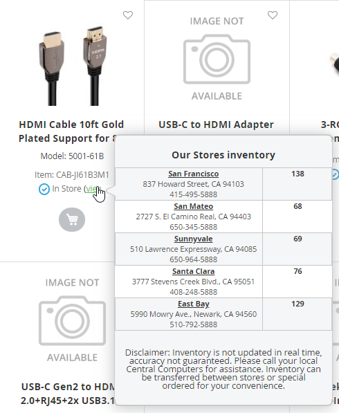 image showing how the in store inventory looks when you hover over a product