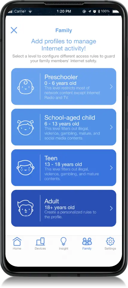 phone screen displays user interface of kid-safe preset profile
