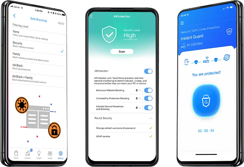 Three cellphone from left to right displaying user interface of ASUS router app